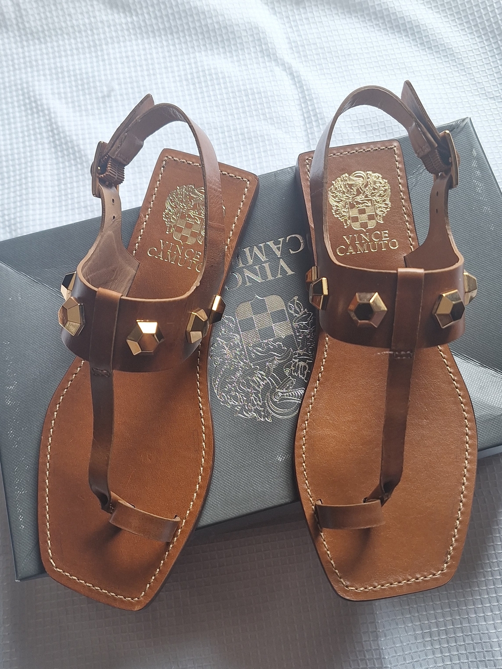 Vince Camuto Brown Studded Leather T-Strap Sandals